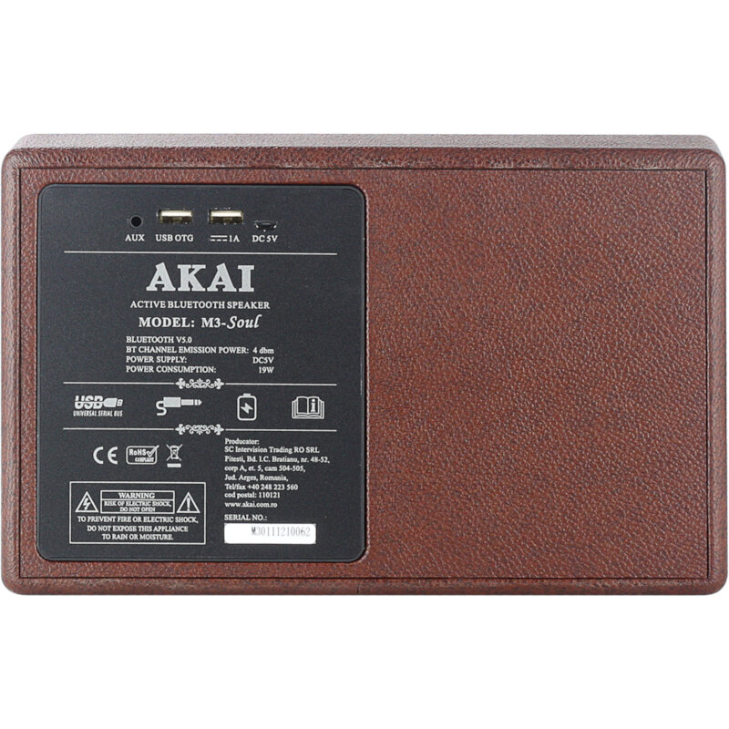 Akai M3-Soul Φορητό Ηχείο Bluetooth με USB, Aux-In και USB για Φόρτιση 20W RMS Χρώμα Coffee Akai M3-Soul Φορητό Ηχείο Bluetooth με USB, Aux-In και USB για Φόρτιση 20W RMS Χρώμα Coffee